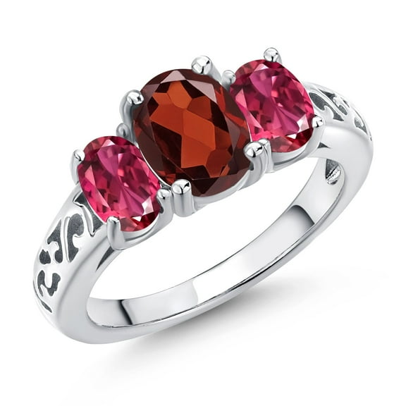 Gem Stone King 925 Sterling Silver Red Garnet and Pink Tourmaline Filigree Style 3 Stone Ring for Women (2.45 Cttw, Oval 8X6MM and 6X4MM) (Size 6)