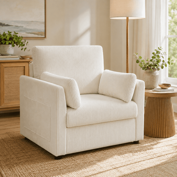 FurnitureR 2-Piece 37.75" Corduroy Armchair and Adjustable Folding Tray Table Set, Beige and White