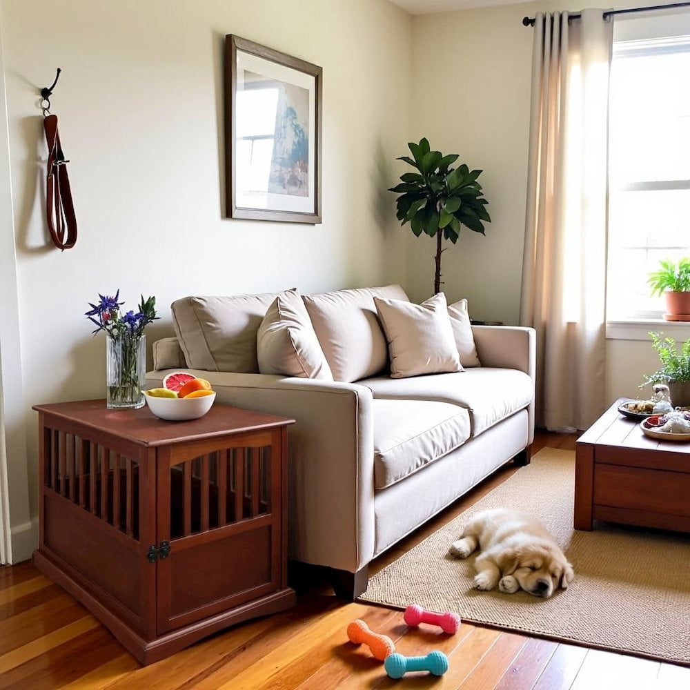 FurniFact Walnut Dog Kennel Furniture with Gate, Solid Wood Dog Crate End Table