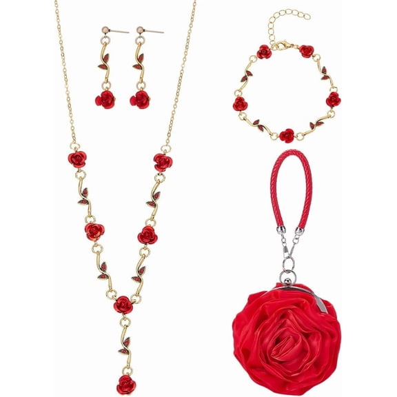 1 Set 4Pcs Red Rose Jewelry Sets Red Flower Necklace Earrings Bracelet for Women Rose Clutch Handbag Gold Plated Jewelry Sets Costume Accessories Set for Wedding Party Mother's Day Gifts Alloy
