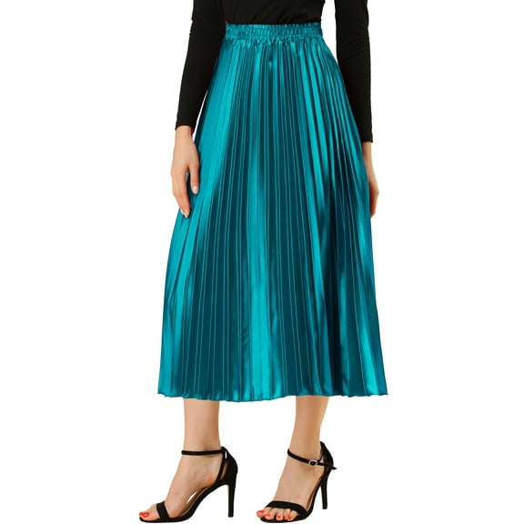 MODA NOVA Juniors Elastic Waist Metallic Shiny Accordion Pleated Midi Skirt