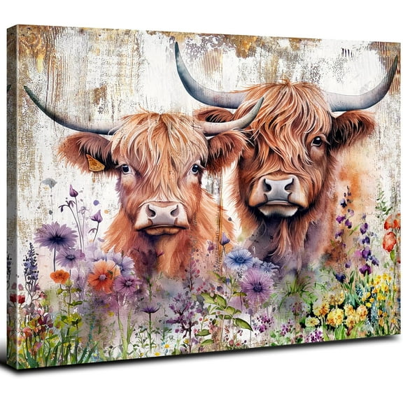 Aaheei Rustic Cow Pictures Wall Decor Farmhouse Highland Cow Wall Art for Bathroom Vintage Wildflower Cattle Posters Bedroom Animal Canvas Prints Kitchen Modern Artwork Bed Home Decoration