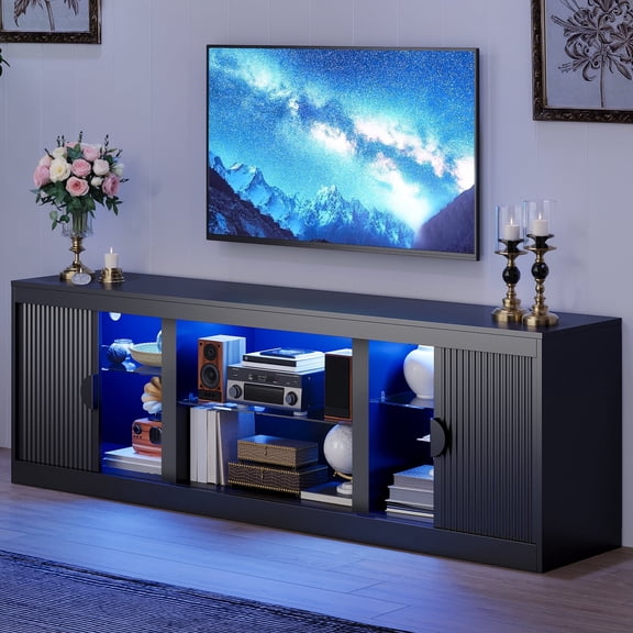LGHM 70 inch Modern TV Stand for TVs up to 80", Fluted TV Console with LED Lights, Wood Entertainment Center, Black