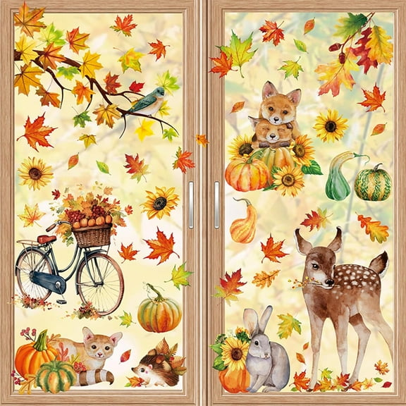 Thanksgiving Window Clings, 9 Sheets Animal Pumpkin Leaves Window Stickers for Autumn Harvest Decals Party Supplies Home Decorations