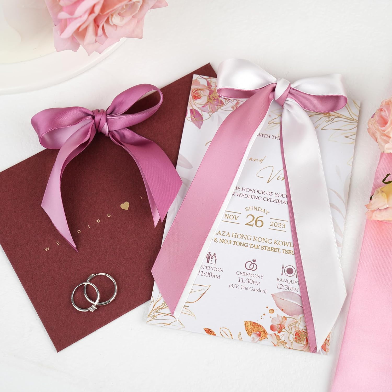 Rose Pink Satin Ribbon 1 Inch, Dusty Rose Mauve Double Face Ribbon, 5 Rolls Assorted 50 Yards for Wedding Bouquet Wrapping, Gift Wrapping, Hair Bows, Crafts