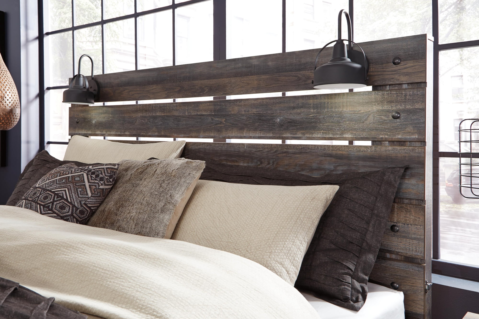 Signature Design by Ashley Drystan King Panel Headboard, Rustic Brown, Industrial Farmhouse Headboard with LED Lights and USB Charging
