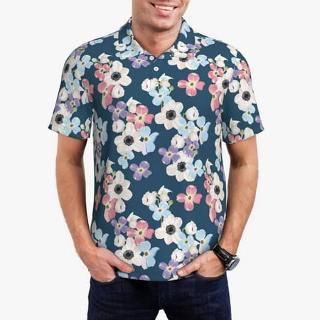 Haiem Flowers Pattern Mens Polo Shirts Quick Dry Short Sleeve Golf T Shirt Performance Moisture Wicking Casual Workout-Medium