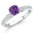 thumbnail image 2 of Gem Stone King 10K White Gold Purple Amethyst and White Lab Grown Diamond Engagement Ring for Women (0.72 Cttw, Cushion 5MM, Gemstone February Birthstone, Available in Size 5, 6, 7, 8, 9), 2 of 4