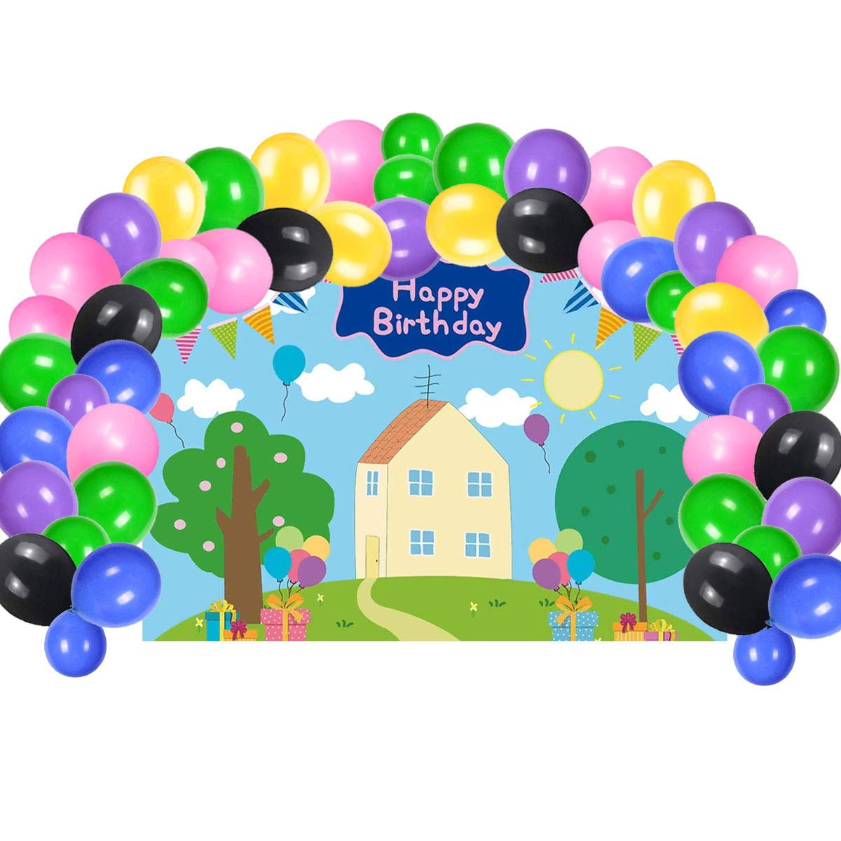 Cute Happy Birthday Party Supplies, Backdrop With Balloons Decoration Kit  For Kids Photo Background, Gift For Girls or Boys 