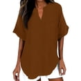 thumbnail image 3 of Nestiefly Womens Cotton Linen Tops Casual Half Sleeve Crew V Neck Blouse Shirt Loose Fit Breathable Summer Tee Brown XL, 3 of 8