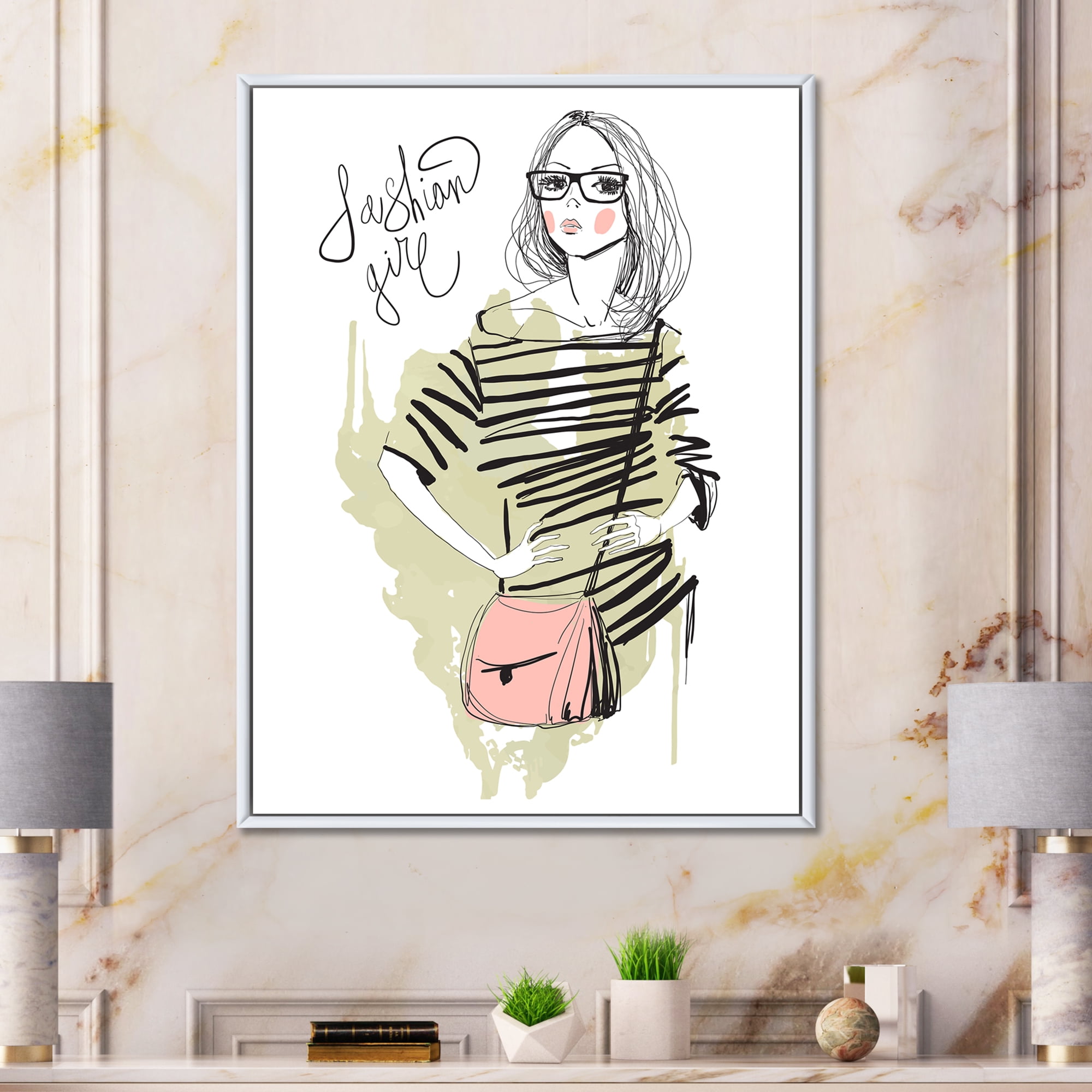 Designart 'Trendy Fashion Woman' Shabby Chic Framed Canvas Wall Art Print
