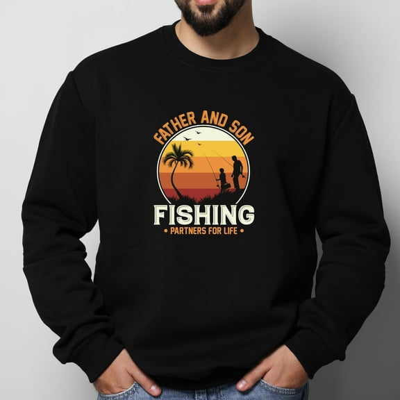Father And Son Fishing Partners For Life Design Men's Extended Size Round Neck Sweatshirt Oversized Fit,Sizes S-2XL