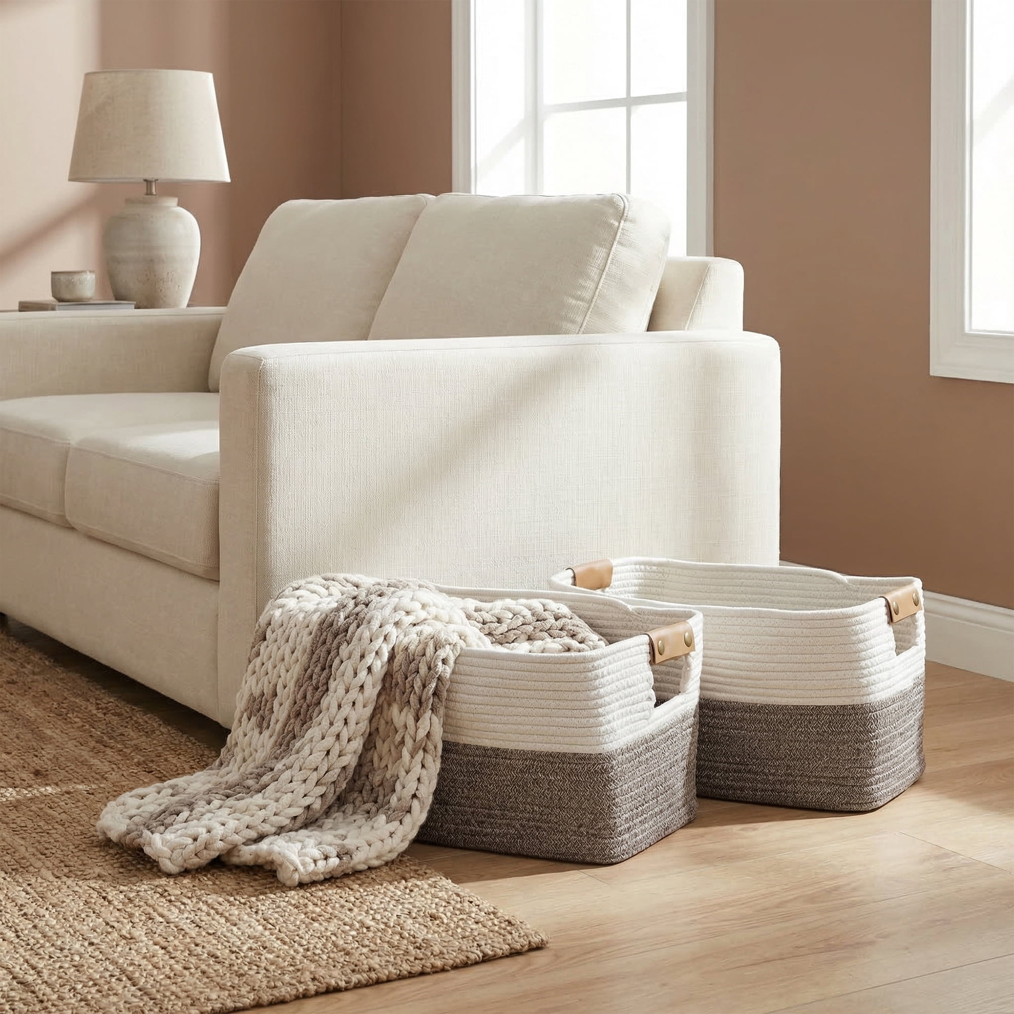 Unique Bargains Woven Large Shelf Closet Storage Bin White Brown 18.9*11*9.1in