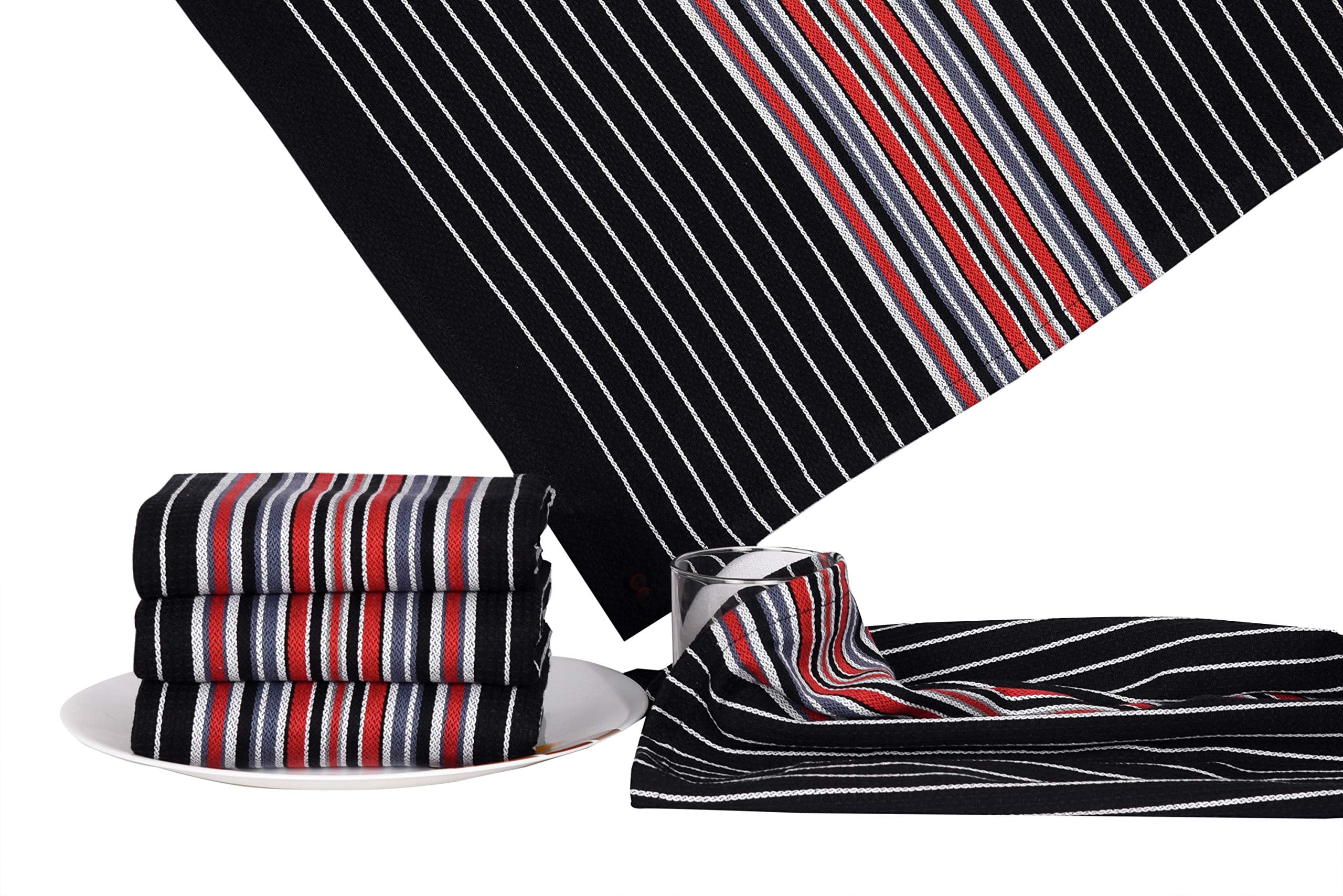 Urban Villa Kitchen Towels Waffle Stripes Dish Towels for Kitchen Black Color Set of 6 Kitchen Towels Highly Absorbent Cotton Over Sized 20X30 in with Mitered Corners Kitchen Hand Tea Towels