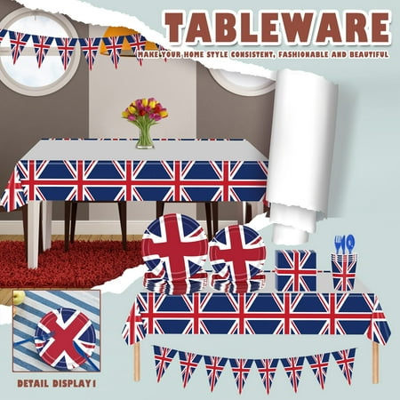 

SUWHWEA 114 Pcs Tableware Set - Tablecloth/Napkins/Cups/Paper Plates/Dinnerware Set/Bunting Flags Queens Platinum_Jubilee 2022 Decorations Party Supplies For 16 Guests On Clearance