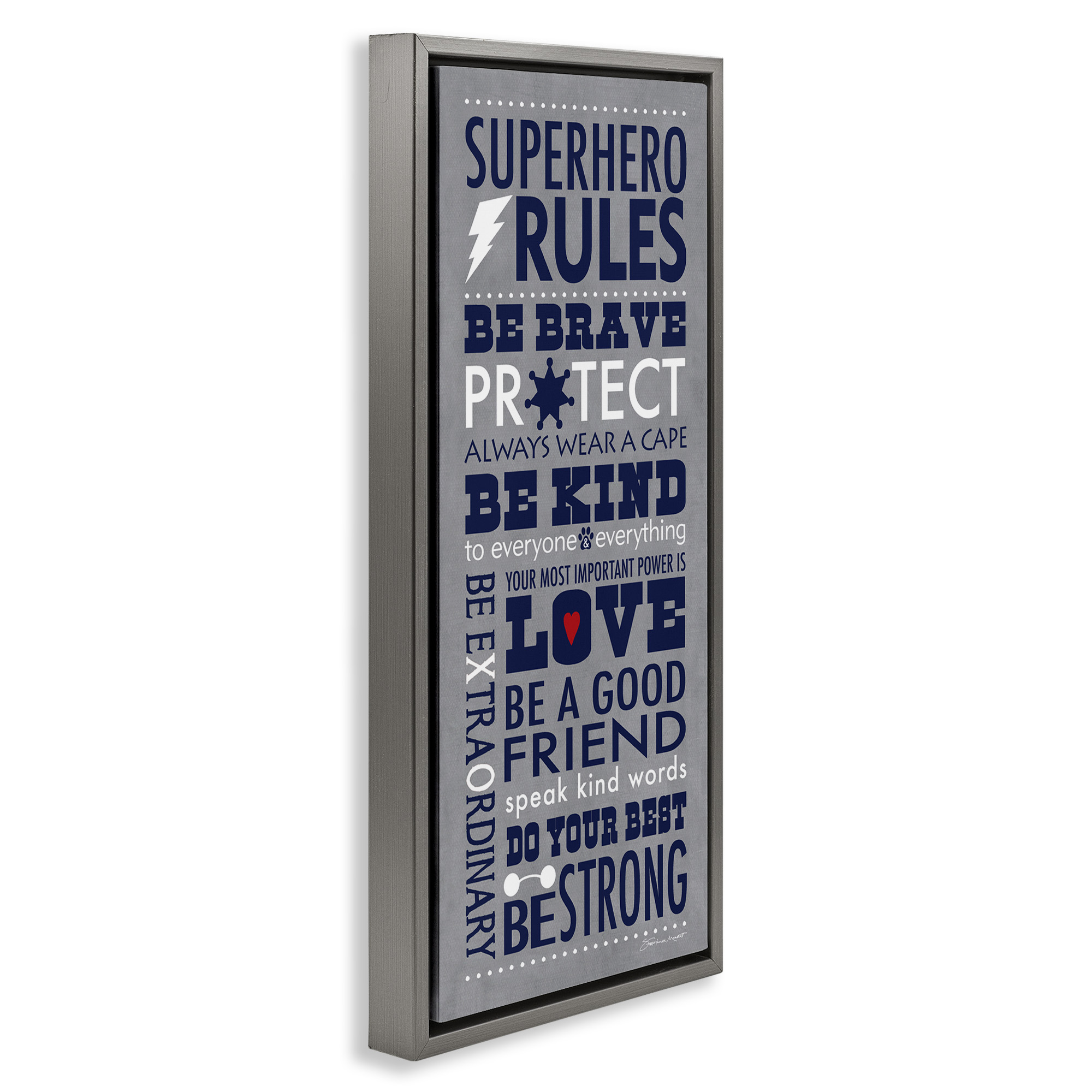 Stupell Industries Superhero Rules Typography Art for Kids Painting Gray Floater Framed Canvas Art Print Wall Art, 11 x 25