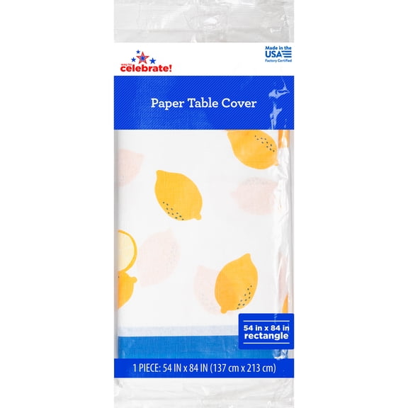 Way to Celebrate Summer Lemon Disposable Paper Tablecloth, Blue and Yellow, 54" x 84"