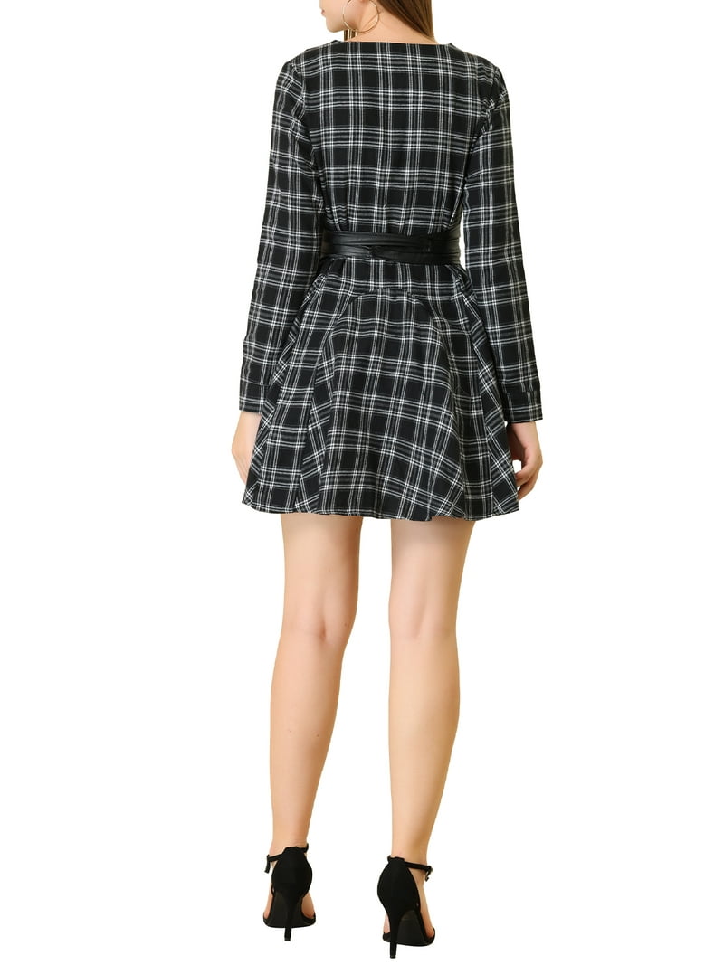 christmas party shirt dress MODA NOVA Junior's Plaids Long Sleeves Belted Mini A Line Exclusive Collections