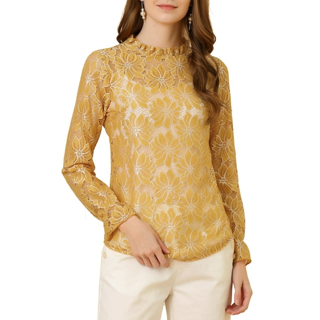 INSPIRE CHIC Women's Crochet Lace See Through Floral Ruffle Neck Blouse XS Yellow-1