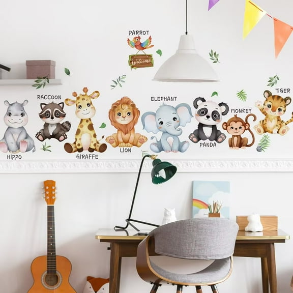 Cute cartoon animal decals: elephant stickers, lion stickers, monkey stickers, giraffe wall decals，Removable Bathroom Wall Art Decor Peel and Stick Murals for Nursery Bedroom Living Room Classroom