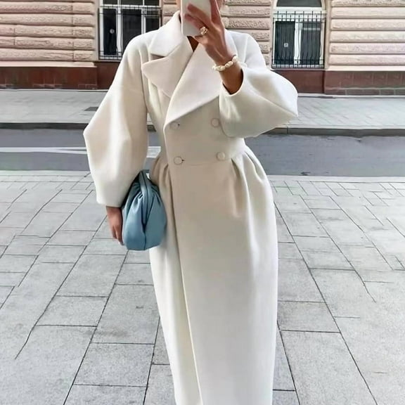 MORTTIC Women's Classic Winter Long Coat with Wide Lapel Double-Breasted Belted Trench Coat Casual Overcoat White，S