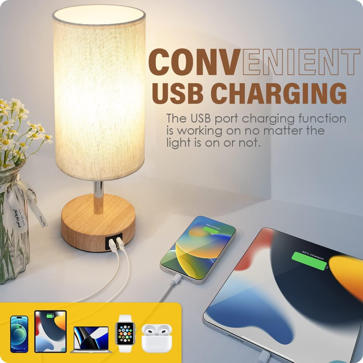 Yarra-Decor Bedside Lamps Set of 2 with USB Charging Ports - Touch Control Table Lamp for Bedroom Wood 3 Way Dimmable Nightstand Lamp with Round Flaxen Fabric Shade for Living Room,Dorm,Office