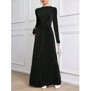Black Womens Long Sleeve Ruched Knit Elegant Modest Maxi Dress