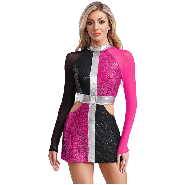 Jhaoyu 60's Fancy Dress for Women Color Block Sparkly Sequins Mini Dress Stage Show Outfits Hot Pink 4XL