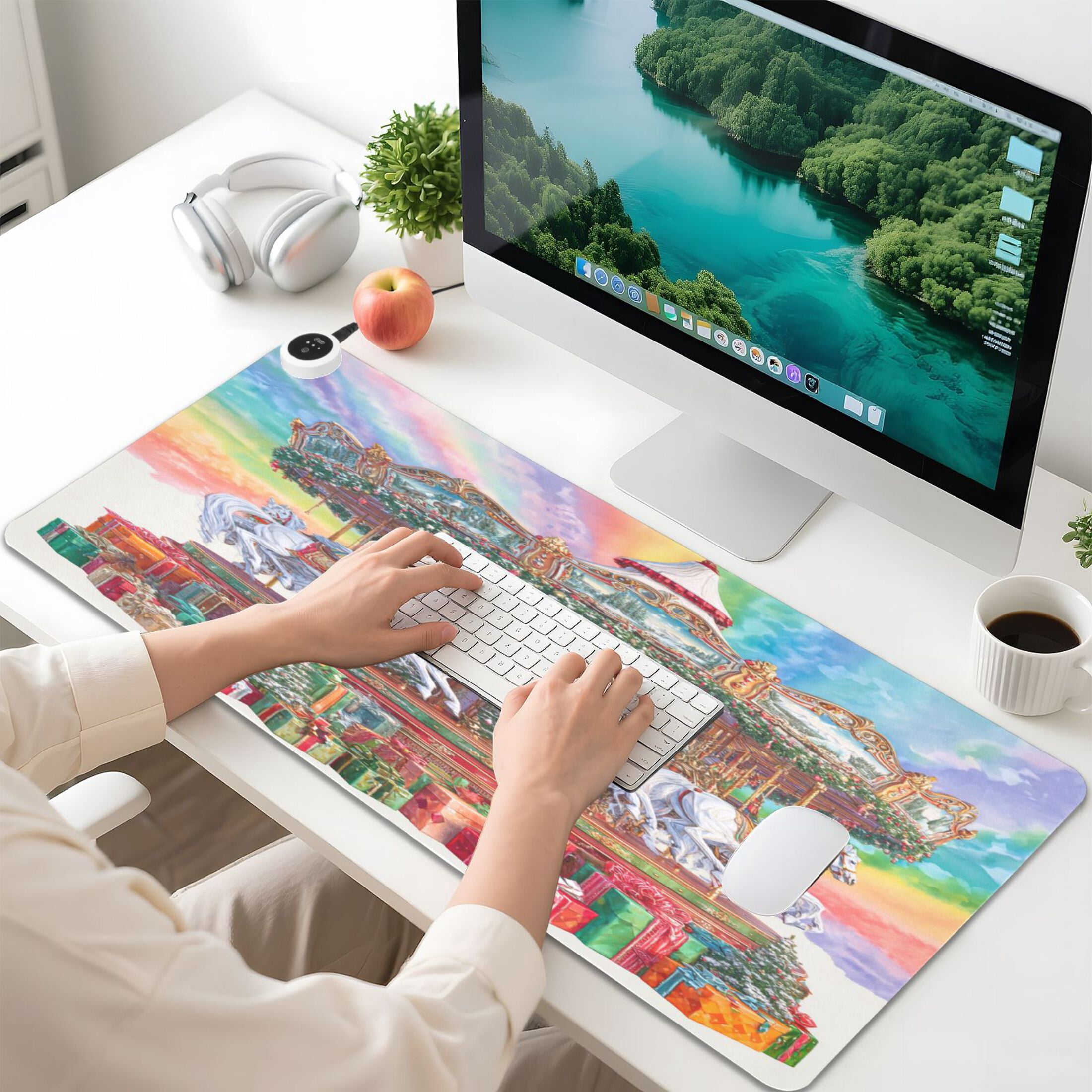 Large Heated Desk Mat Mouse Pad 31.5"x13"PU Leather Graphene Heating Desk Warmer with 3 Temperature Settings 110V US Plug Non-Slip Warm Pad for Home, Office, and Gaming Christmas Spinning White Horse