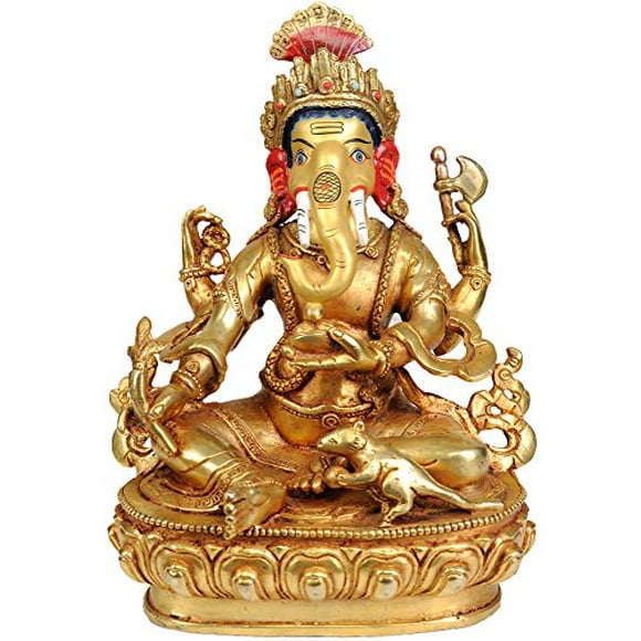 Lord Ganesha Holds a Bowl of Laddoos, Radish, Axe and Noose - Copper Statue Gilded with 24 Karat GOL