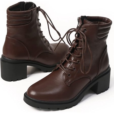 

Women s Round Toe Lace-Up Combat Boot Chunky Heel Ankle Booties