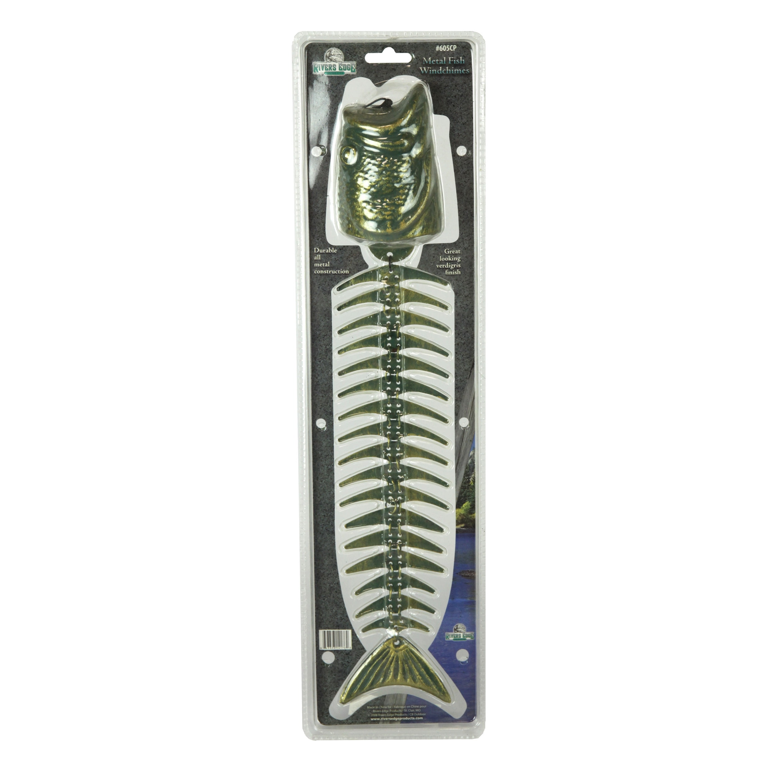 Rivers Edge Products Rivers Edge Products 14" Brass Wind Chime for Outside - Weather-Resistant Soothing Metal Wind Bell - Rustic Fish Skeleton Outdoor Decor for Patio, Garden, Porch, Cabin - Fish