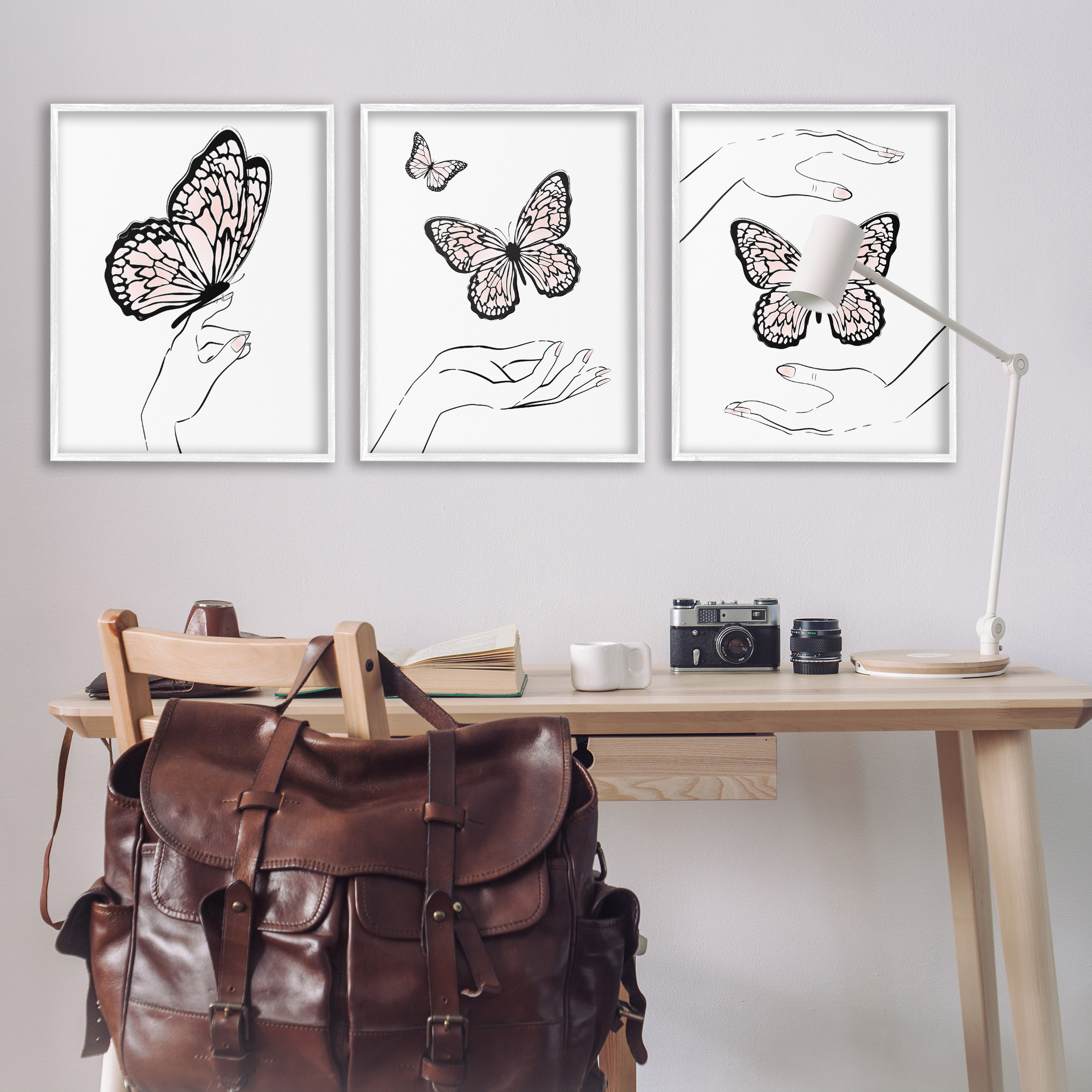 Stupell Industries Hands with Butterflies Animals & Insects Painting White Framed Art Print Wall Art, 24 x 30, Set of 3