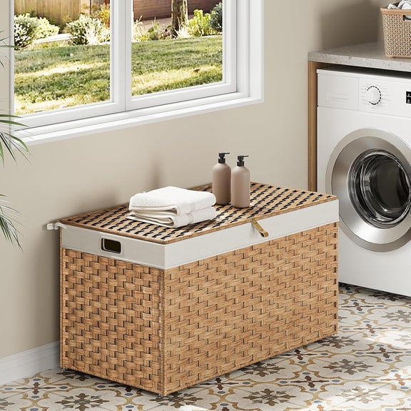 Storage Basket with Lid, 42.3 Gallon (160L) Wicker Basket, Handwoven Blanket Storage Basket with Handles, Metal Frame and Soft Lining, Foldable for Bedroom, Laundry Room, Natural NL216CW01