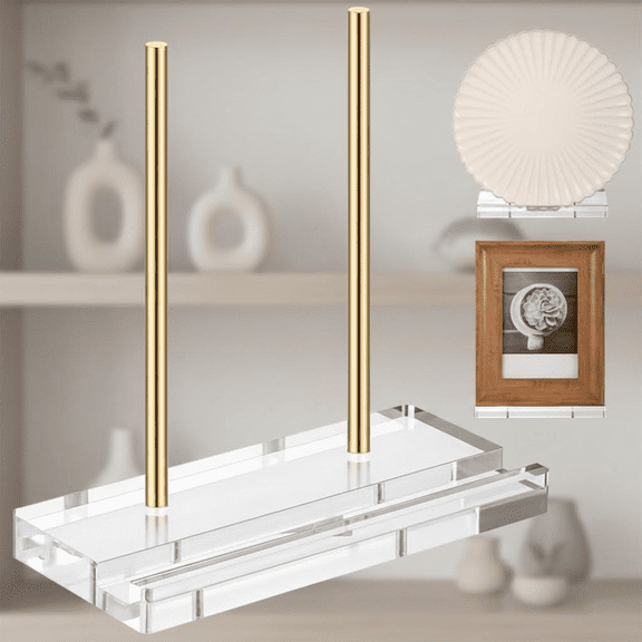 Clear Acrylic Display Easel Stand for Books, Photos, Artwork, Tablets, and Plates - Gold Finish, 7.8 x 3.5 x 7.8 Inch, Versatile Tabletop Holder for Frames, Albums, Magazines, and Canvas Boards