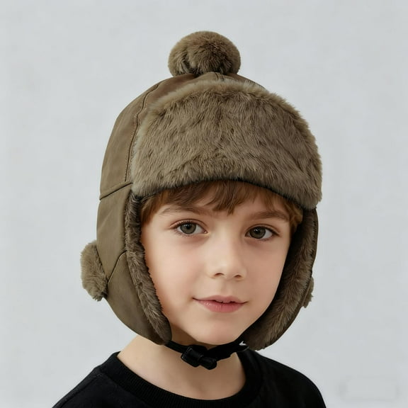 Kids Knitted Hat Winter Warm Fleece Lining Beanie with Ear Flaps for Girls Boys Brown 3-10 Years