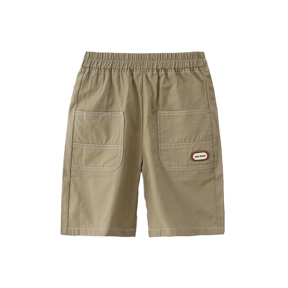 Maqroz Khaki Short Pants for Boys Plus Size Elastic Waist Shorts Unisex Solid Color Casual Summer Bottoms Outdoor Wear-Resistant Clothing with Pockets, Size 6 Years