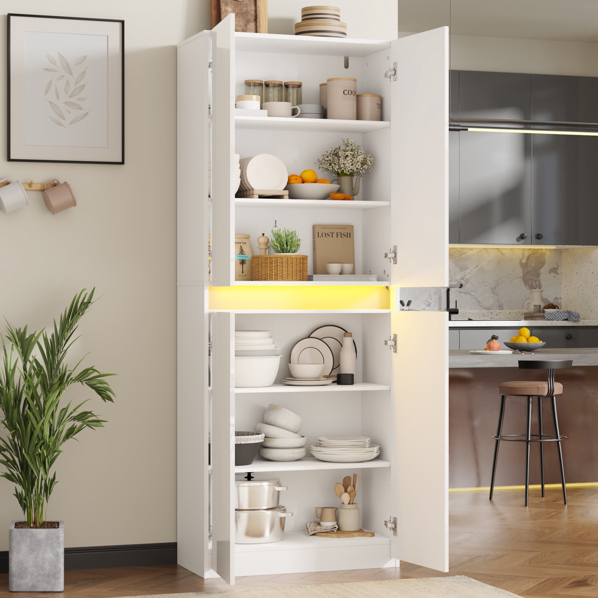 71" Tall Kitchen Pantry, Pantry Storage Cabinet with High Gloss Doors, Modern Buffet Hutch Cabinet with Led Light and Adjustable Shelves for Dining Room, Living Room, White