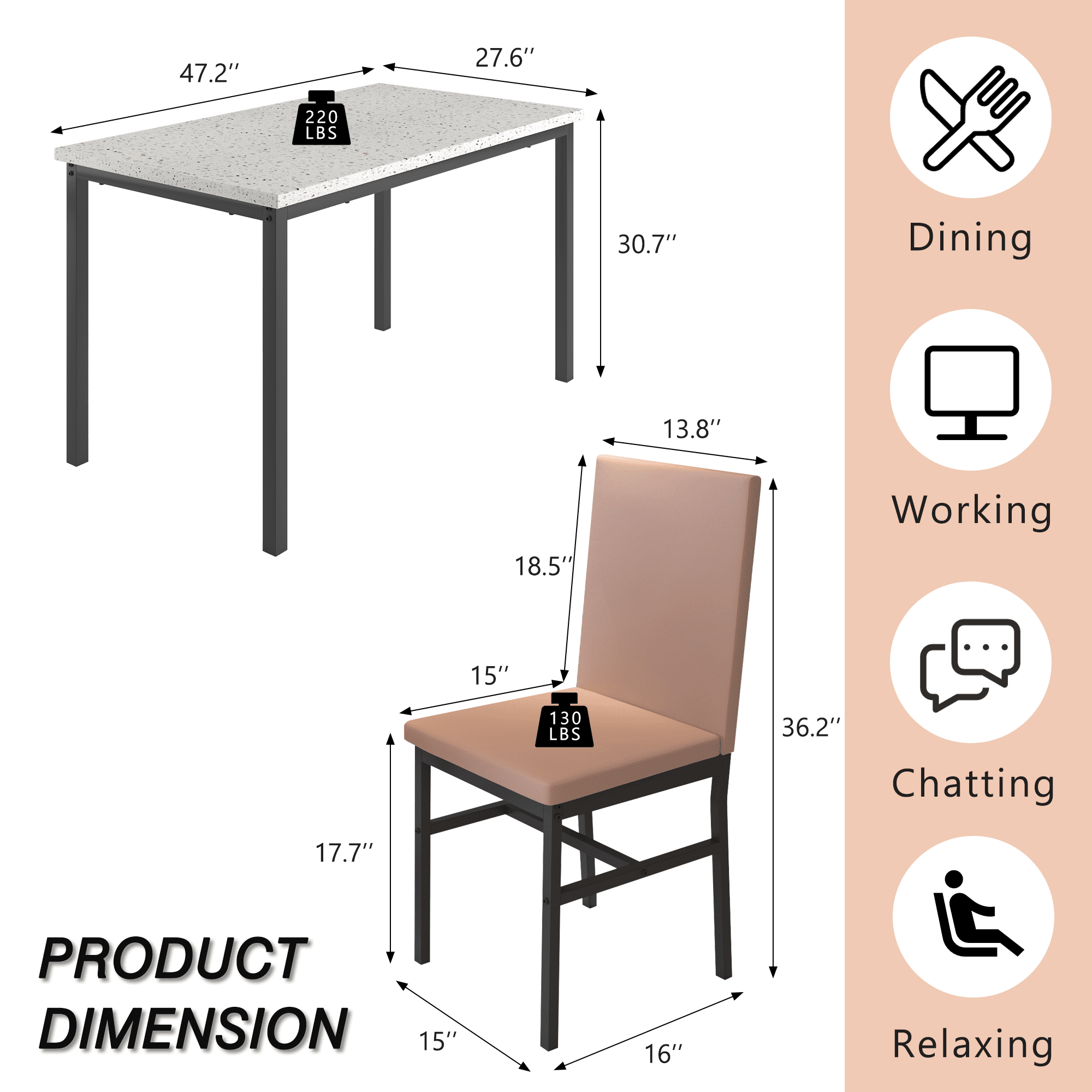 5 Piece Dining Set, Modern Dining Table and Chairs Set for 4, Kitchen Counter Height Dining Table Set with 4 Upholstered Chairs, for Small Space, Breakfast Nook, D9265