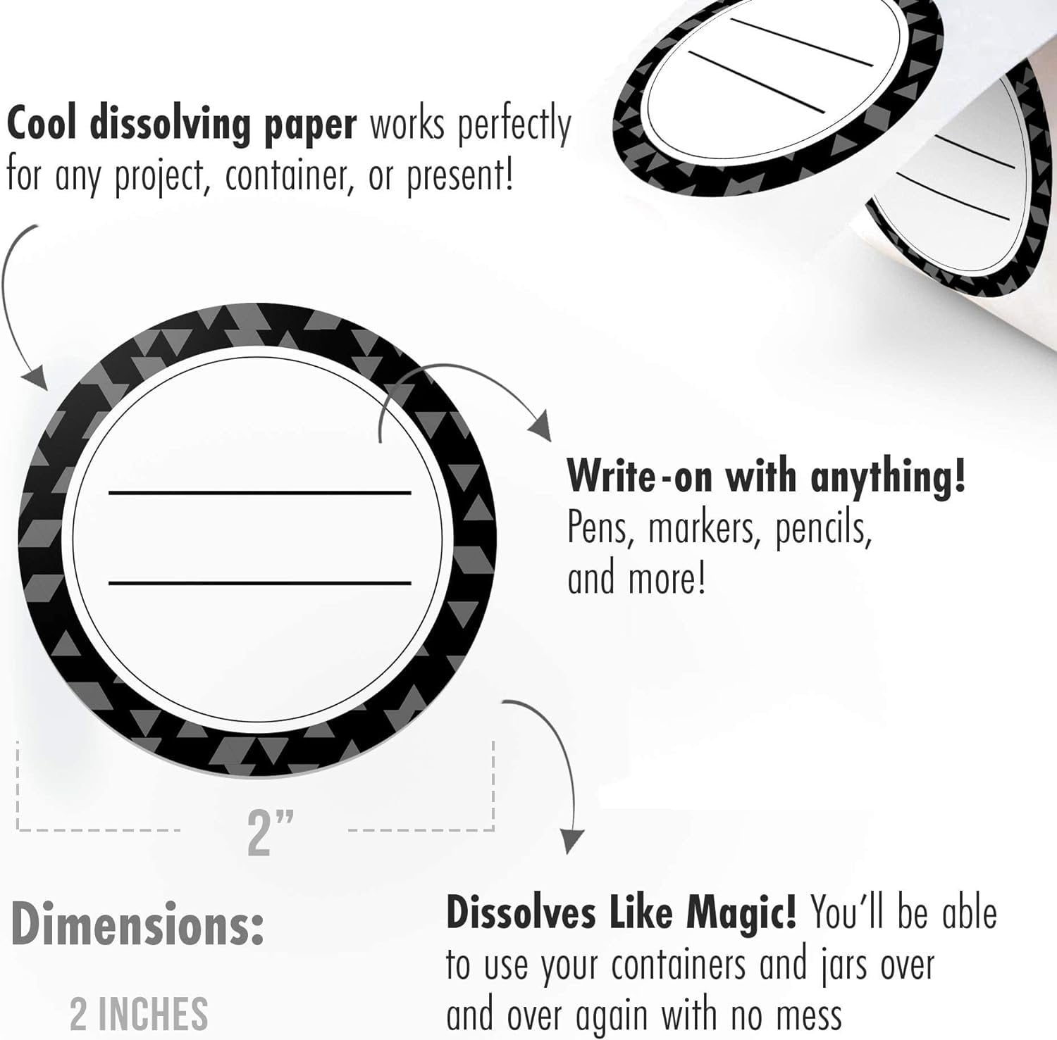 MESS Dissolvable Canning Labels – 200 Count Black Paper Labels for Mason Jars and Food Containers, Removable & Writable