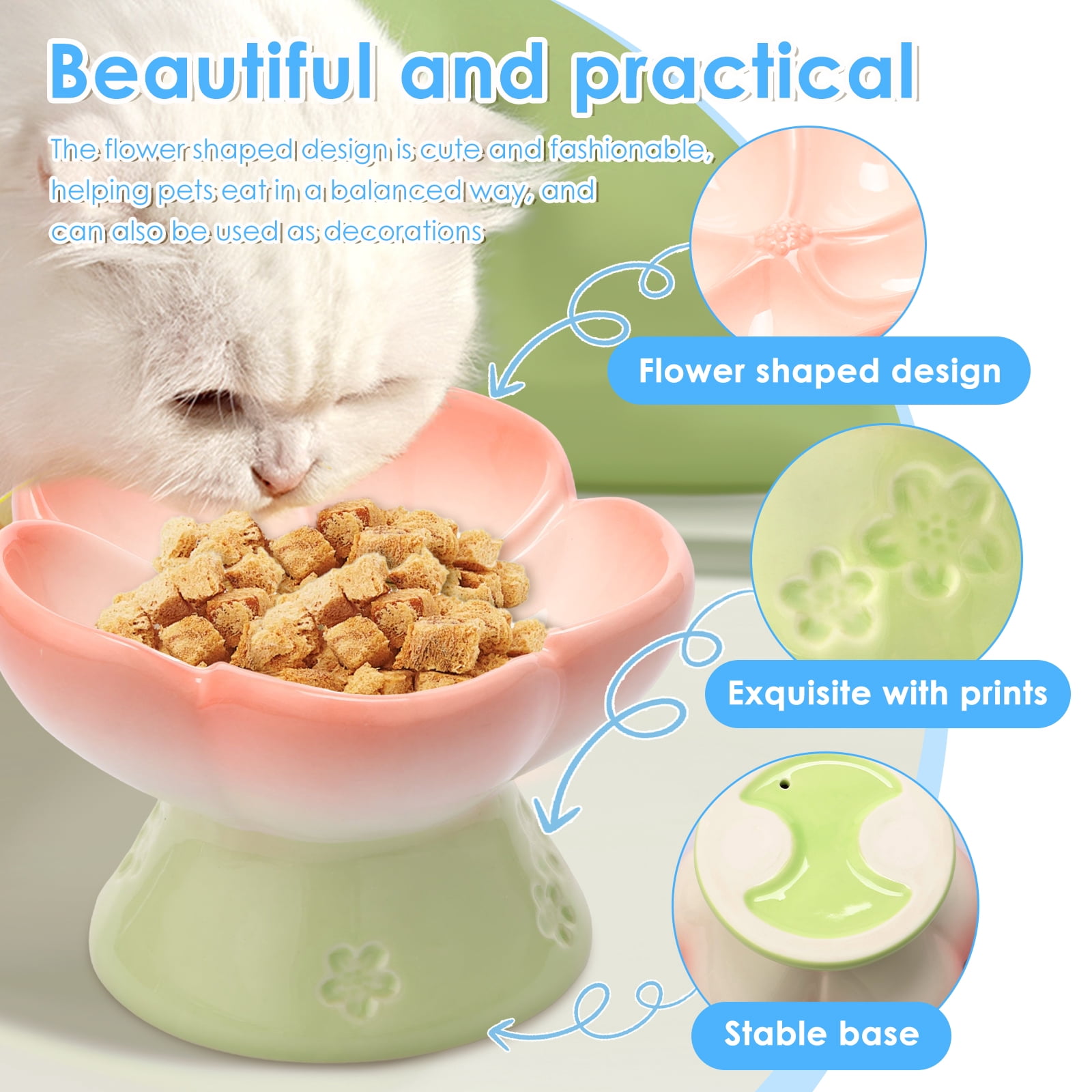 CERAMICS Raised Slow Feeder Cat Bowl, Ceramic Elevated and Titled Glass Food Bowl Small Dogs Slow Feeder, Flower Shaped Cute Cat Dish for Dry and Wet Food (Pink, 5.5")