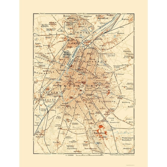 Historic Map - Brussels Belgium Central - Baedeker 1910 - Vintage Wall Art