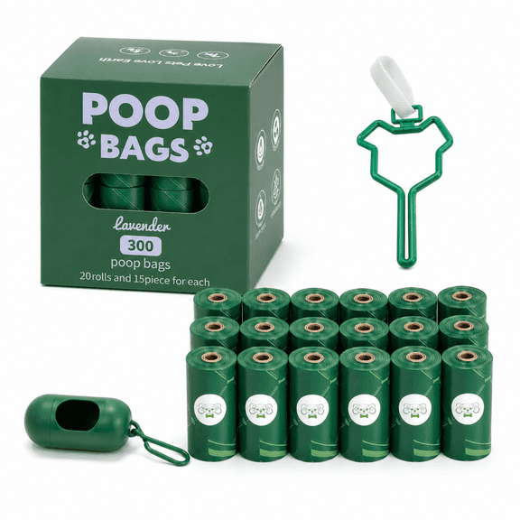 QOPR 300 Count Biodegradable Dog Poop Bags with Dispenser, Lavender Scented Leak Proof Pet Waste Rolls and Hands-Free Clip