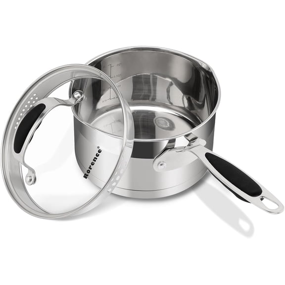 Rorence 2.5 QT Stainless Steel Saucepan with Straining Glass Lid, Cooking Pot Sauce Pan with Silicone Coated Handles and Pouring Spouts, Induction Compatible