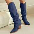 thumbnail image 2 of Mostsola Fold Over Denim Boots for Women Slouchy Knee High Boots Low Chunky Heel Pull on Fall Boots, 2 of 9