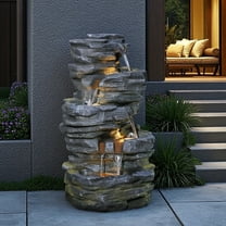 Water Fountain Resin Tiered Waterfall With Stone Look & LED Lights - Garden Decor