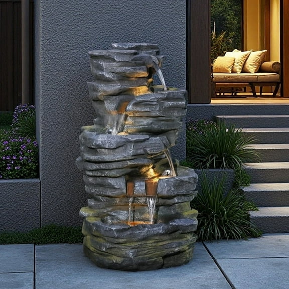 Water Fountain Resin Tiered Waterfall With Stone Look & LED Lights - Garden Decor