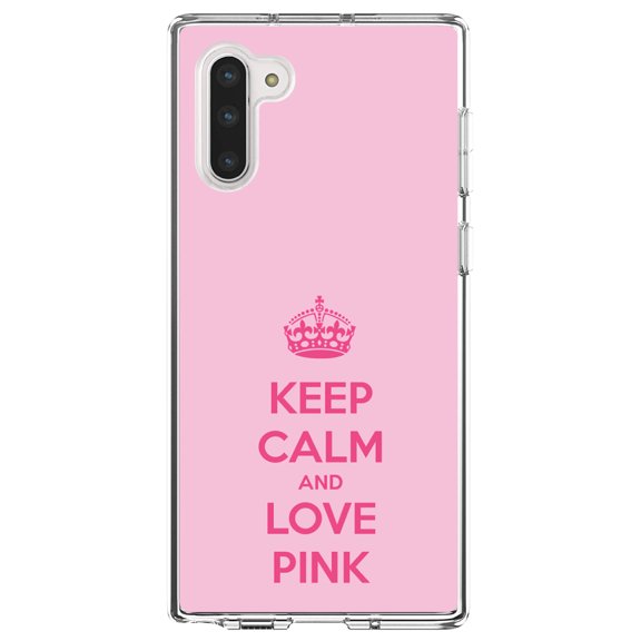DistinctInk Clear Shockproof Hybrid Case for Samsung Galaxy Note 10 (6.3" Screen) - TPU Bumper, Acrylic Back, Tempered Glass Screen Protector - Keep Calm and Love Pink
