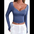 thumbnail image 2 of Camisetas de Larga con Cuello en V para Mujer, Top Corto con Doble Forro y Copas con Costura para Salir. Azul y Gris S, 2 of 9