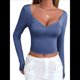 thumbnail image 2 of Camisetas de Larga con Cuello en V para Mujer, Top Corto con Doble Forro y Copas con Costura para Salir. Azul y Gris L, 2 of 9